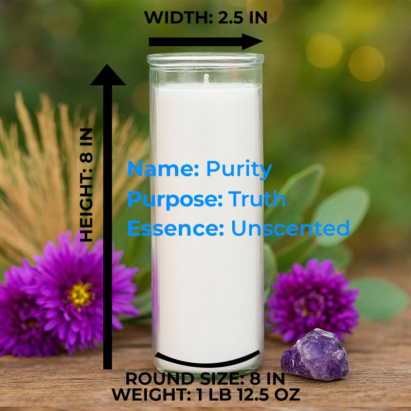 Diagram of the Unscented White 7-Day Candle. It measures 8 inches high, 2 and a half inches wide, 8 inches round. Weight: 1 pound 12.5 ounces.