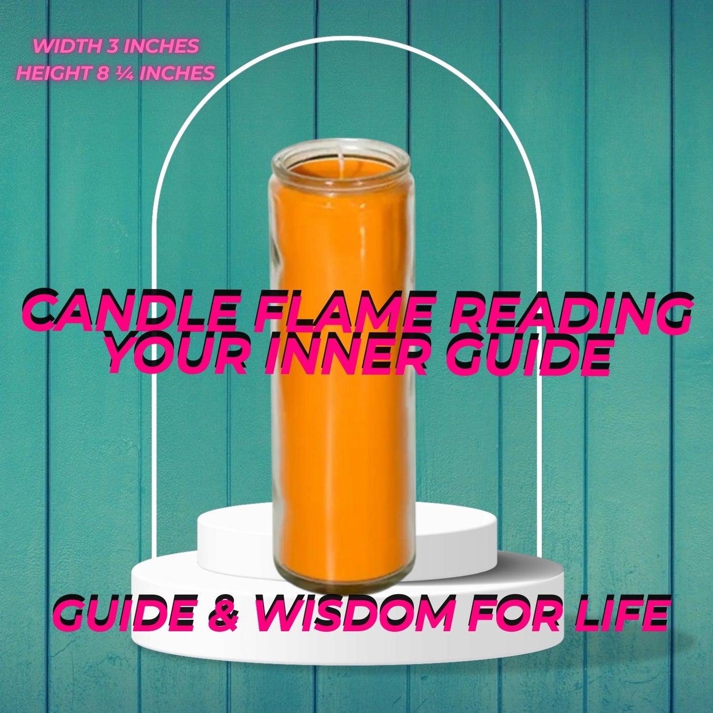 Orange candle in glass jar on white pedestal with pink text reading candle flame reading and size arrows showing 8.25 inches tall, 3.5 inches wide.