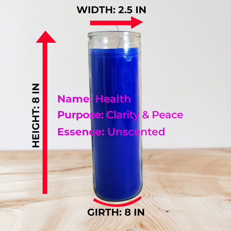 Deep blue candle centered on a wooden table with beige background; graphic shows height, width, girth and weight of 1 lb 13 oz.