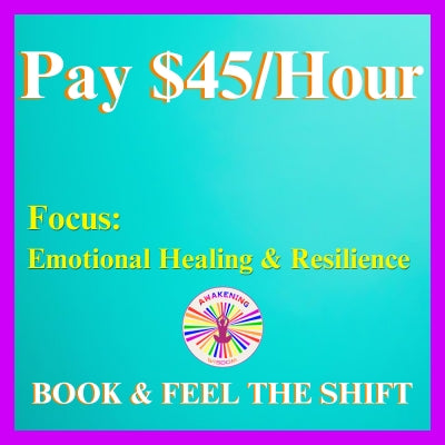 Graphic with turquoise background, purple border, emotional healing focus, and Awakening Wisdom logo for spiritual guidance services.