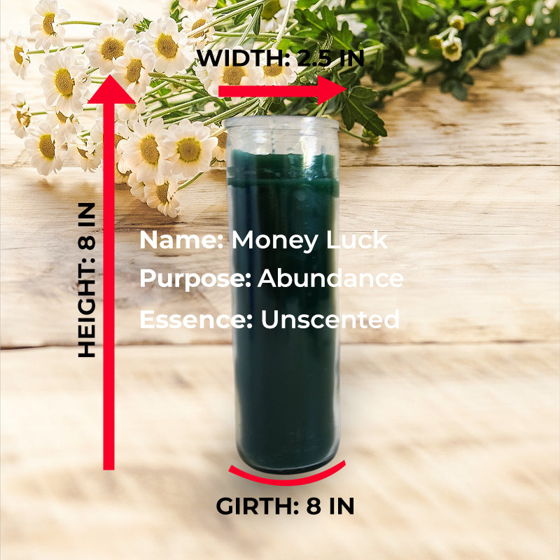 Green ritual candle centered on wooden table with beige background; candle purpose, height, width, girth, weight 1 lb 13 oz.