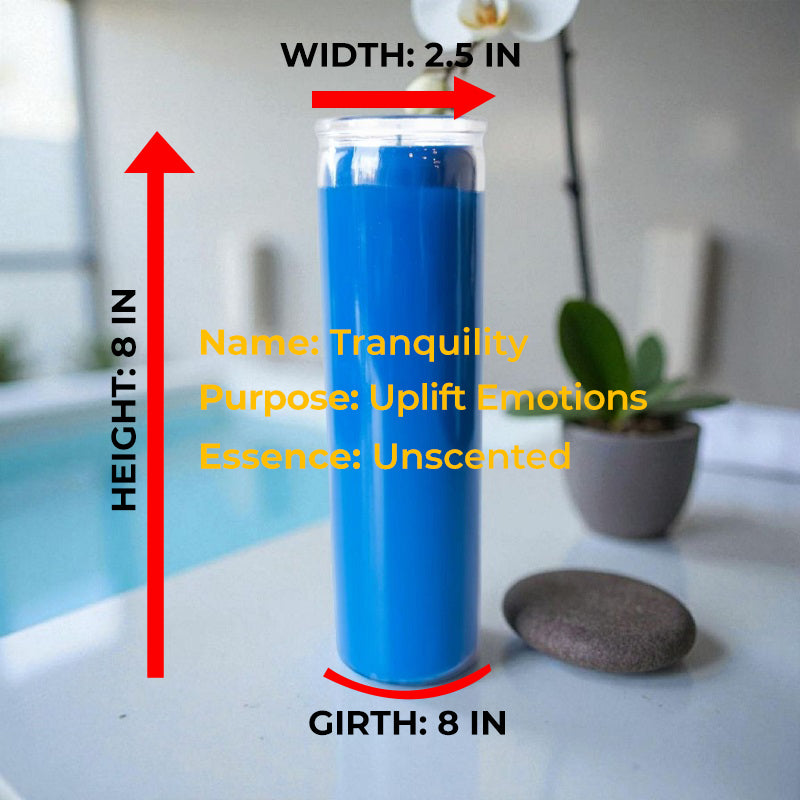 Diagram of Light Blue 7-day candle. It measures 8 inches high, 2.5 inches wide, and 8 inches round. Labels: Name: Tranquility, Purpose: Uplift Emotions, Essence: Unscented.