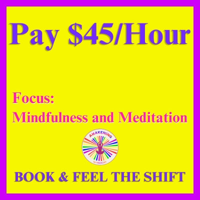Graphic with bright yellow background, purple border, mindfulness, meditation focus, and rainbow hand logo for spiritual wellness.