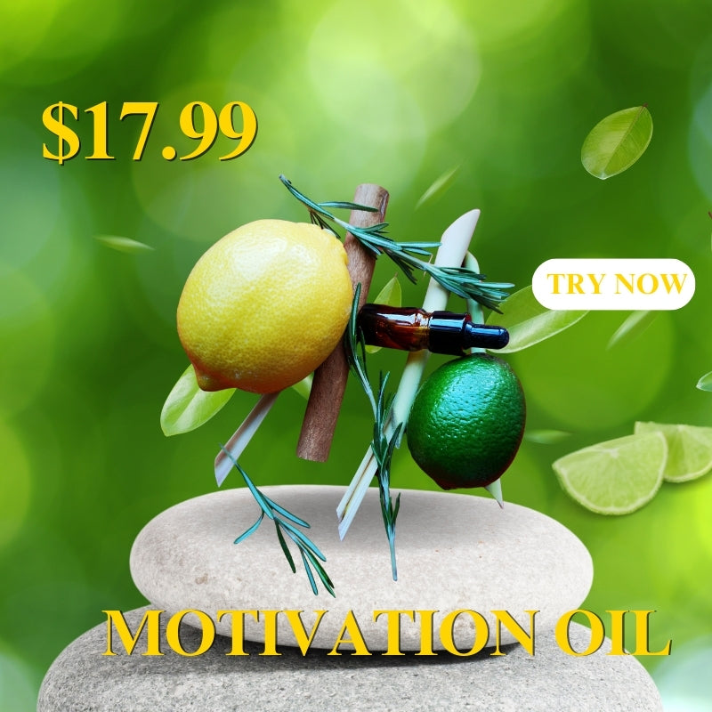 Motivation Oil with lemon, lime, cinnamon, and essential oil bottle on stones, enhancing focus, energy, and spiritual wellness.