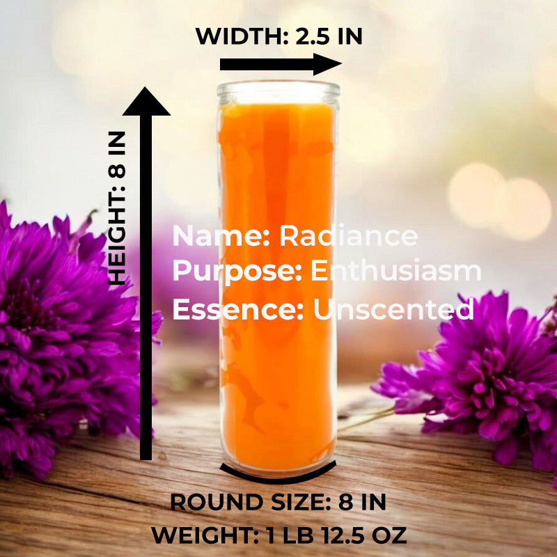 Diagram of the Orange 7-Day Candle. It measures 8 inches high, 2.5 inches wide, 8 inches round. Weight: 1 pound 12.5 ounces.