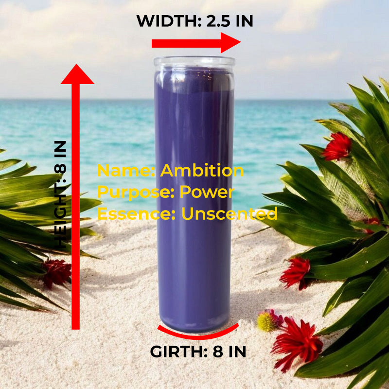Purple 7-day candle with dimensions. Measures 8 inches high, 2.5 inches wide, 8 inches round. Labels: Name: Ambition, Purpose: Power, Essence: Unscented.