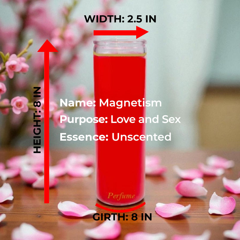 Diagram of the Red 7-Day Unscented Candle. It measures 8 inches high, 2.5 inches wide, and 8 inches round. Labels: Name: Magnetism, Purpose: Love and Sex.