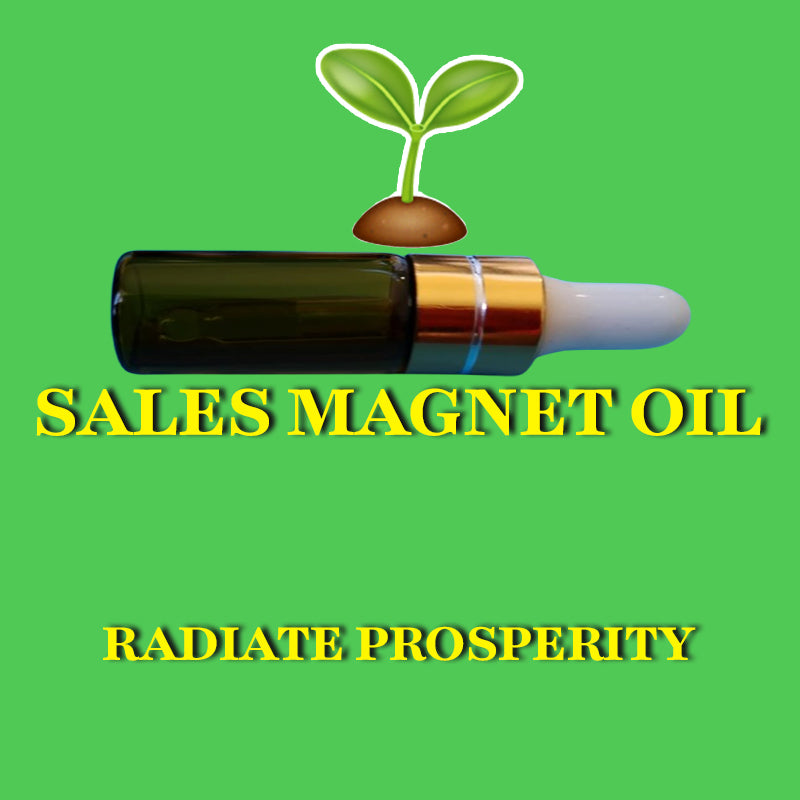 Green background with amber oil bottle and seedling tree symbolizing abundance. SALES MAGNET OIL and RADIATE PROSPERITY text conveys success and wealth.