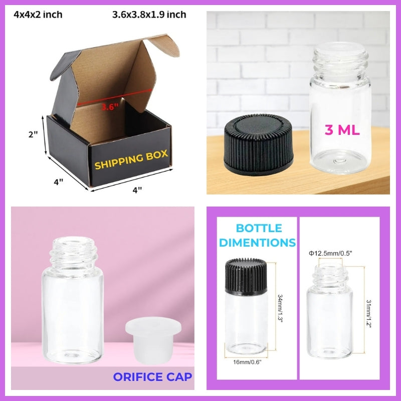 An infographic showcasing the secure packaging and dimensions of a 3ml Spiritual Wellness oil bottle. Includes a protective shipping box (4x4x2 in.), a glass bottle with ribbed screw cap, an orifice reducer for controlled dispensing, and a technical diagram with precise measurements.