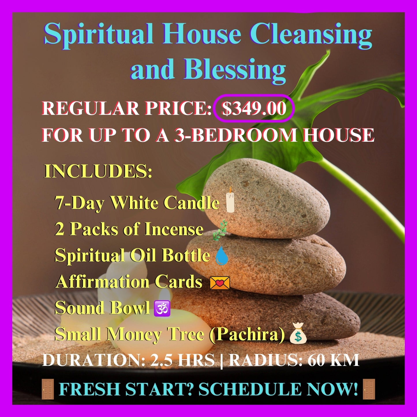 SSpiritual House Cleansing service for renewal with stones, leaf, and package details, promoting holistic wellness and positive energy.
