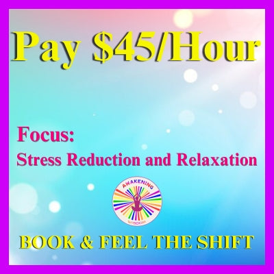 Promotional banner with blue gradient, stress reduction focus, and Awakening Wisdom logo for spiritual guidance services.