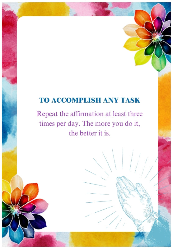 Digital affirmation card with calming pastel gradient, praying hands, and self-empowerment message to accomplish any task.