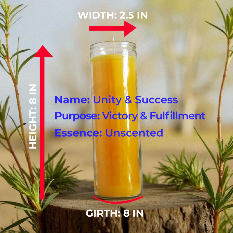 Bright yellow 7-Day candle in glass sits on a tree trunk graphic shows height, width, girth, and weight of 1 lb 13 oz.