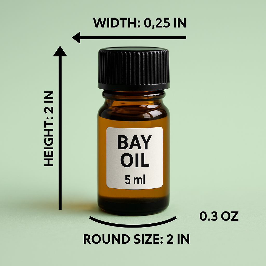 5ml Bay Oil amber bottle shown with measurements: height 2 in, width 0.25 in, round size 2 in, and weight 0.3 oz.