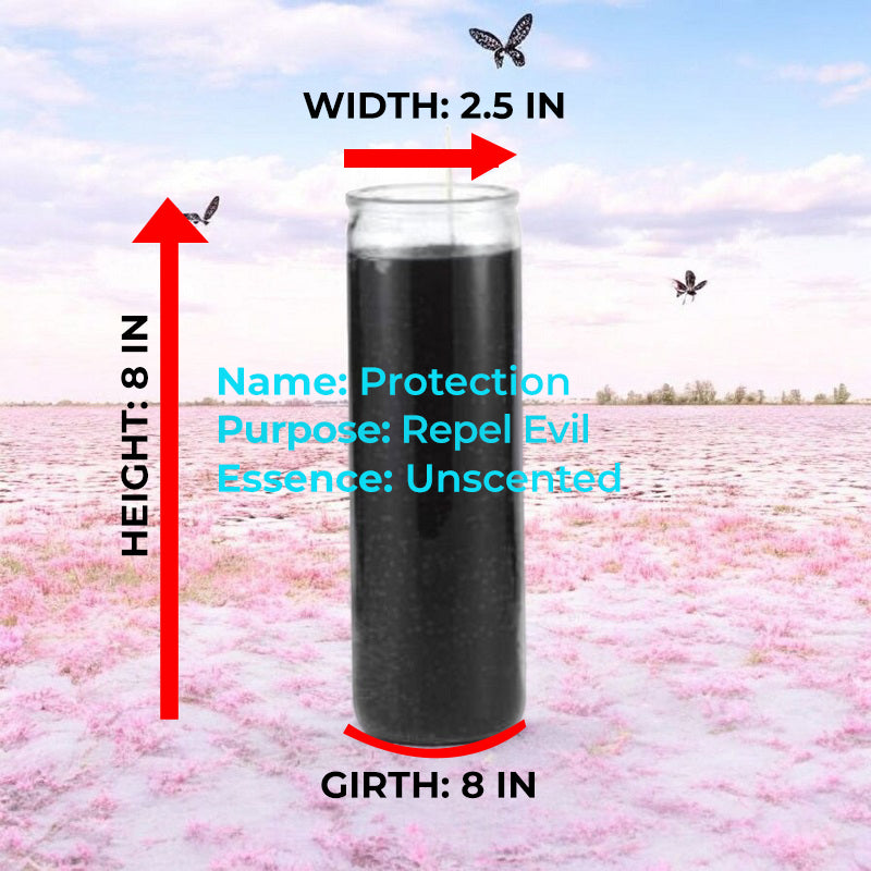 Black candle centered on a pink background. The description highlights its dimensions (height, width, girth) and weight of 1 lb 12 oz.