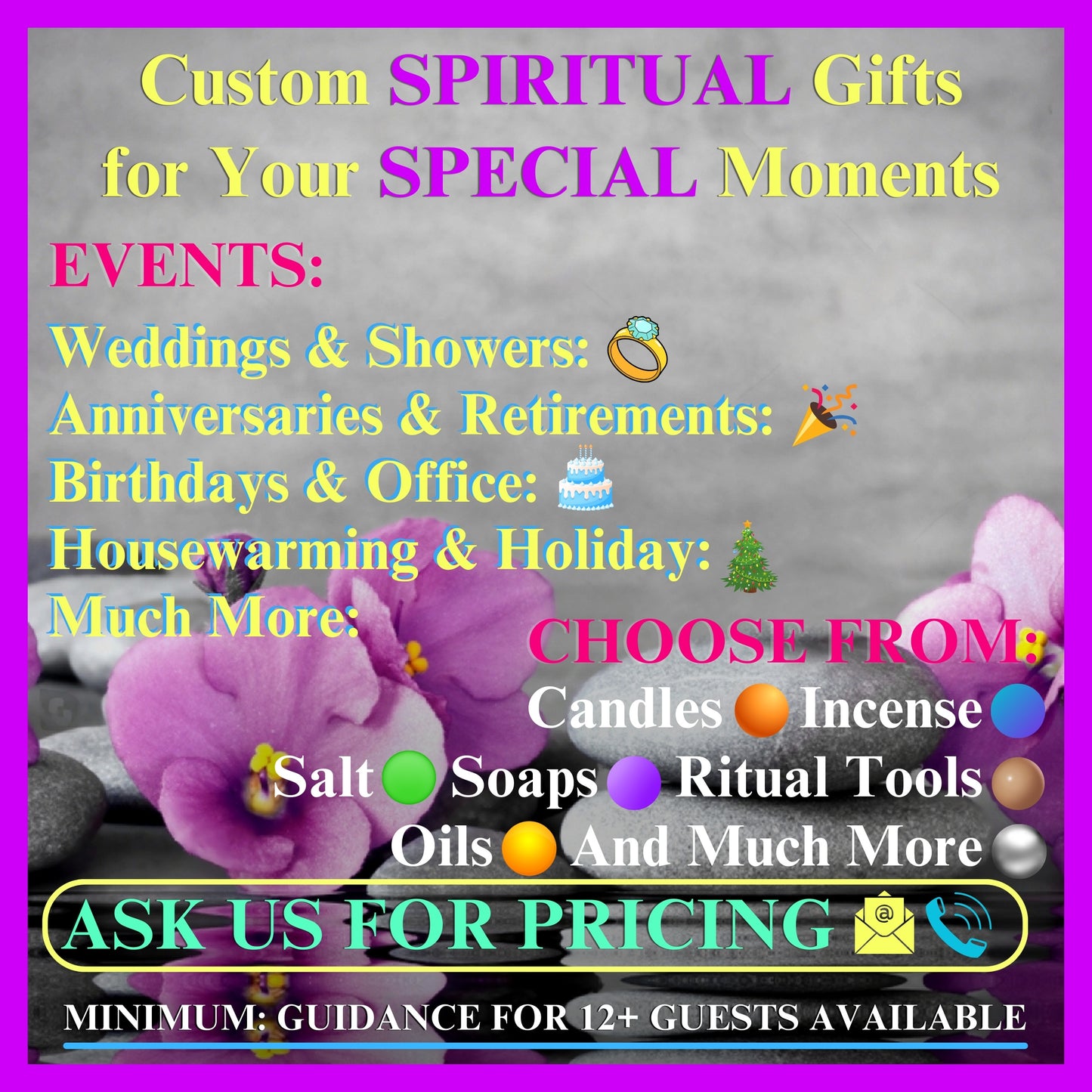 Banner with spiritual gifts for special moments, highlighting events, spiritual products, and custom services for your celebrations.
