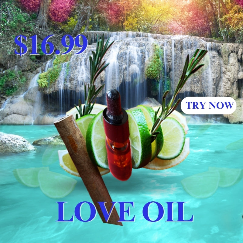 Love Oil with lime, lemon, cinnamon, and rosemary by a waterfall, enhancing passion, connection, and spiritual wellness.