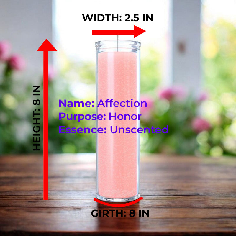 Diagram of the Pink Affection Ritual Candle showing its dimensions. Measurements: 8-inch height, 2.5-inch width, and 8-inch round size. The candle is labeled with Name: Affection and Essence: Unscented.